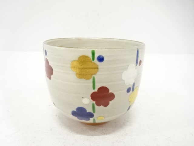 京焼　橋本紫雲造　金彩色絵　槍梅　茶碗